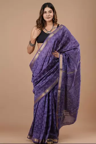Violet maheshwari silk saree with woven borders and beautiful hand block print