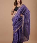 Violet maheshwari silk saree with woven borders and beautiful hand block print