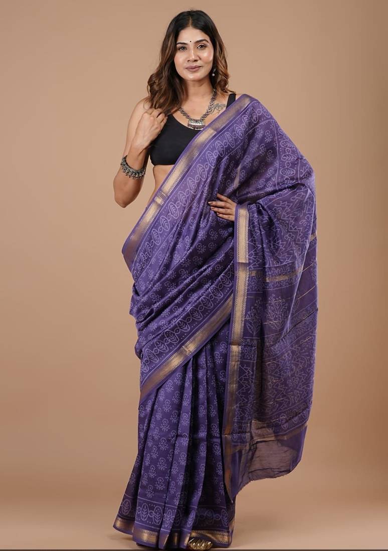 Violet maheshwari silk saree with woven borders and beautiful hand block print