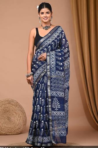 Navy blue maheshwari silk saree with woven borders and beautiful hand block print