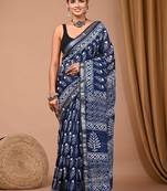 Navy blue maheshwari silk saree with woven borders and beautiful hand block print