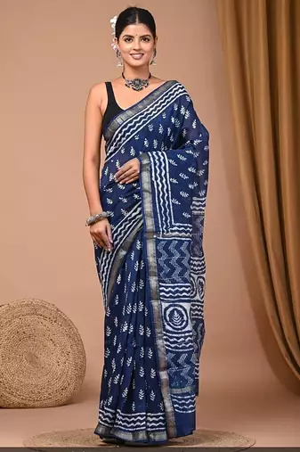 Navy blue maheshwari silk saree with woven borders and beautiful hand block print