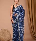 Navy blue maheshwari silk saree with woven borders and beautiful hand block print