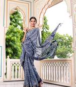 Blue maheshwari silk saree with woven borders and beautiful hand block print