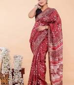 Magenta maheshwari silk saree with woven borders and beautiful hand block print
