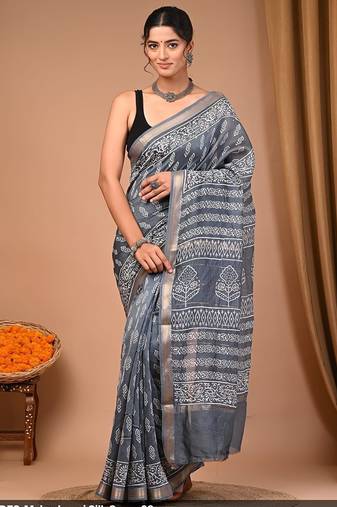 Grey maheshwari silk saree with woven borders and beautiful hand block print