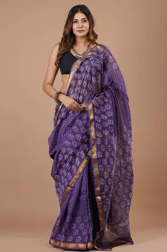 Violet maheshwari silk saree with woven borders and beautiful hand block print