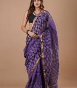 Violet maheshwari silk saree with woven borders and beautiful hand block print