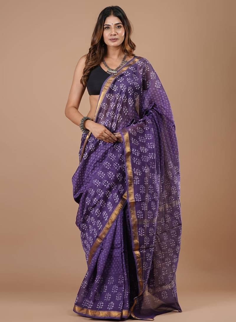 Violet maheshwari silk saree with woven borders and beautiful hand block print