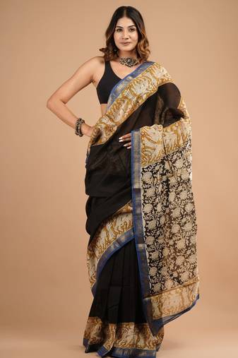 Black maheshwari silk saree with woven borders and beautiful hand block print