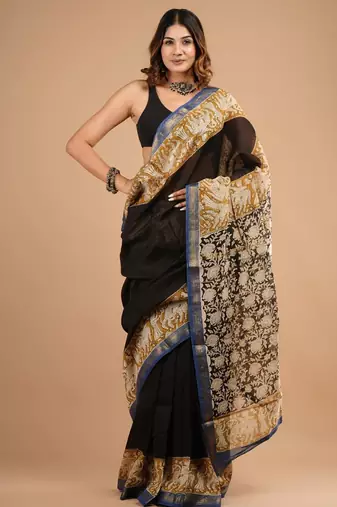 Black maheshwari silk saree with woven borders and beautiful hand block print