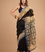 Black maheshwari silk saree with woven borders and beautiful hand block print