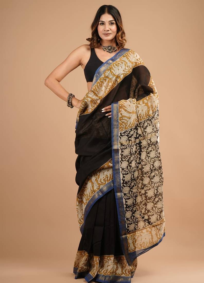 Black maheshwari silk saree with woven borders and beautiful hand block print