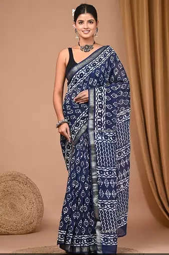 Blue maheshwari silk saree with woven borders and beautiful hand block print
