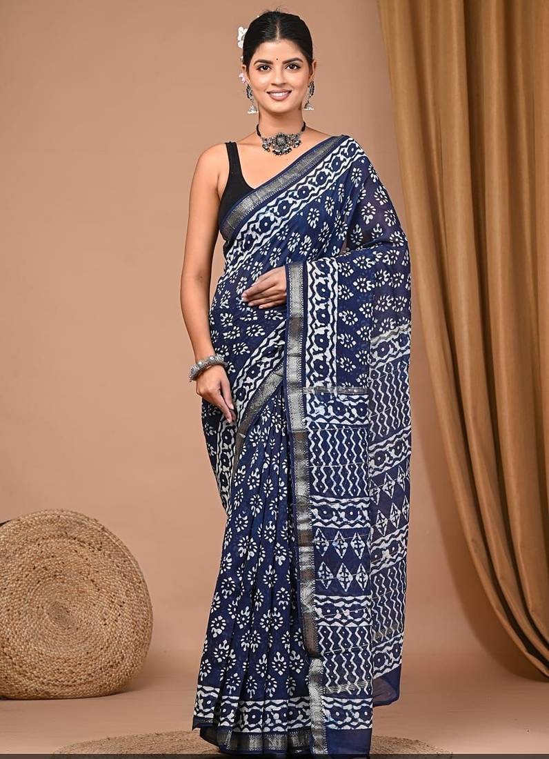Blue maheshwari silk saree with woven borders and beautiful hand block print