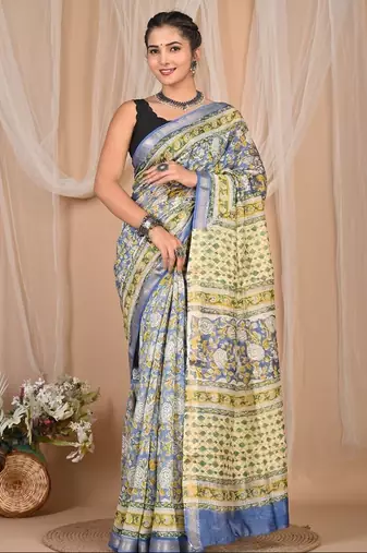 Multicolor maheshwari silk saree with woven borders and beautiful hand block print