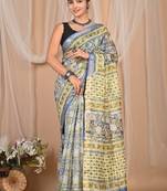 Multicolor maheshwari silk saree with woven borders and beautiful hand block print
