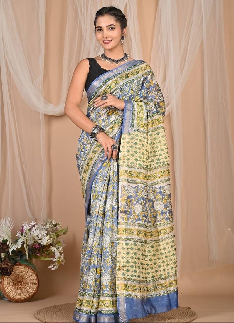 Multicolor maheshwari silk saree with woven borders and beautiful hand block print