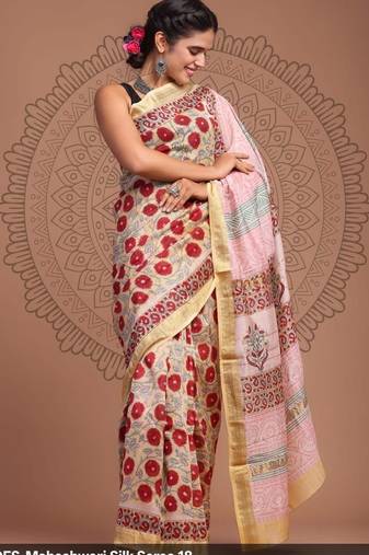 Multicolor maheshwari silk saree with woven borders and beautiful hand block print