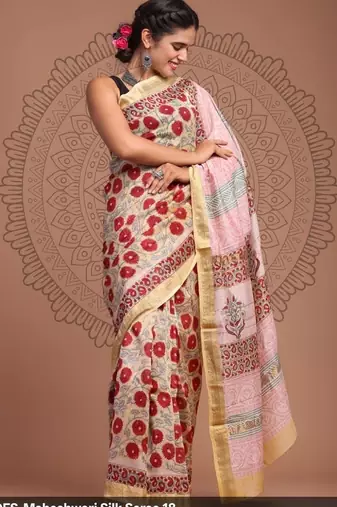 Multicolor maheshwari silk saree with woven borders and beautiful hand block print