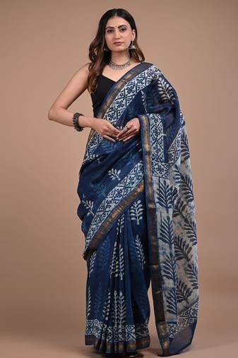 Blue maheshwari silk saree with woven borders and beautiful hand block print