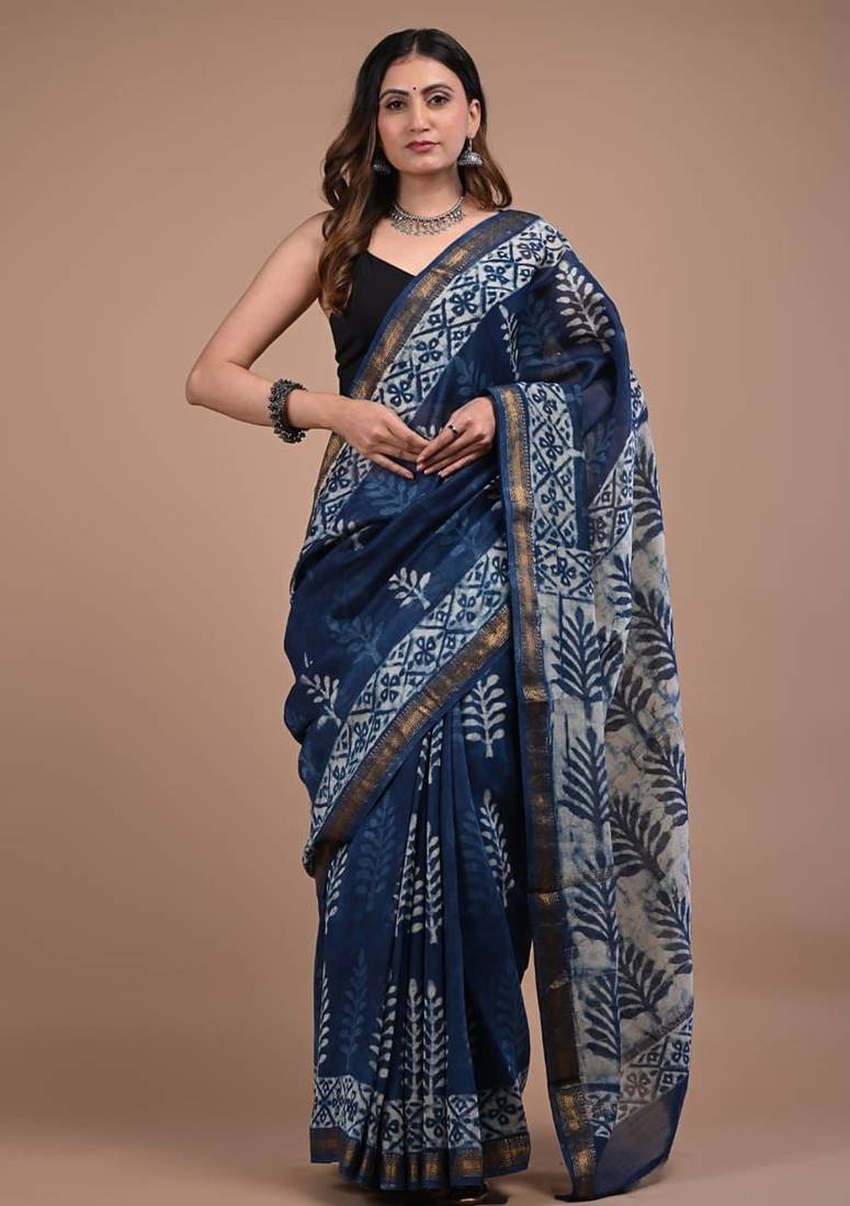 Blue maheshwari silk saree with woven borders and beautiful hand block print