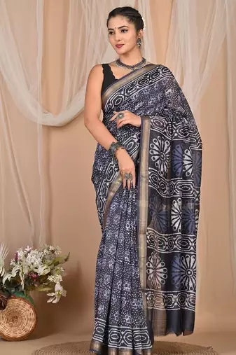 Grey maheshwari silk saree with woven borders and beautiful hand block print