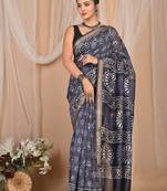 Grey maheshwari silk saree with woven borders and beautiful hand block print