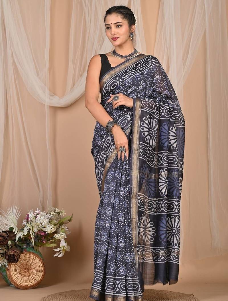 Grey maheshwari silk saree with woven borders and beautiful hand block print