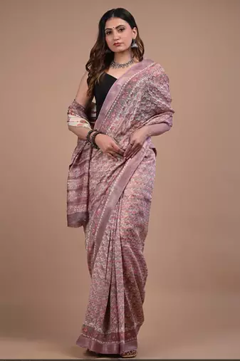 Multicolor maheshwari silk saree with woven borders and beautiful hand block print
