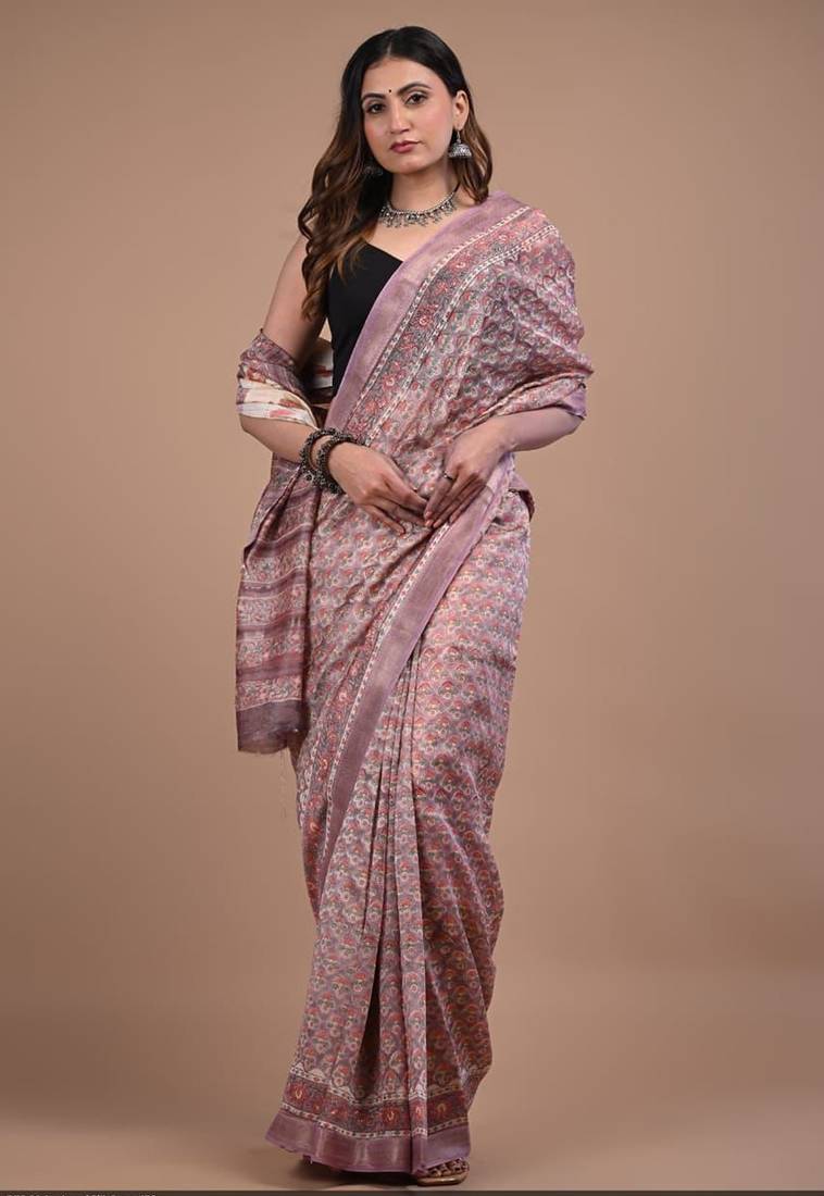 Multicolor maheshwari silk saree with woven borders and beautiful hand block print
