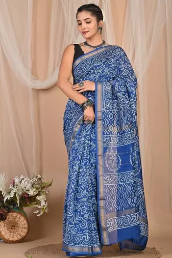 Blue maheshwari silk saree with woven borders and beautiful hand block print
