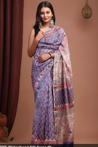 Grey maheshwari silk saree with woven borders and beautiful hand block print