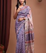 Grey maheshwari silk saree with woven borders and beautiful hand block print