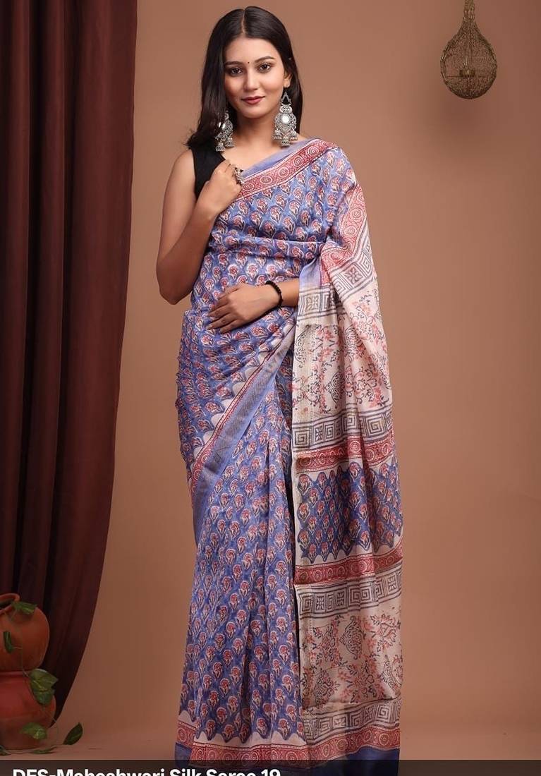 Grey maheshwari silk saree with woven borders and beautiful hand block print