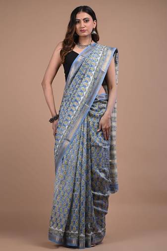 Sky blue maheshwari silk saree with woven borders and beautiful hand block print