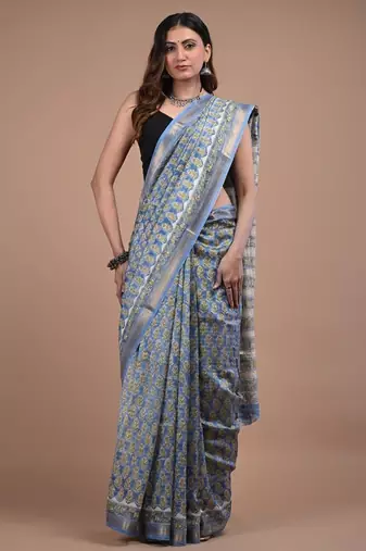Sky blue maheshwari silk saree with woven borders and beautiful hand block print