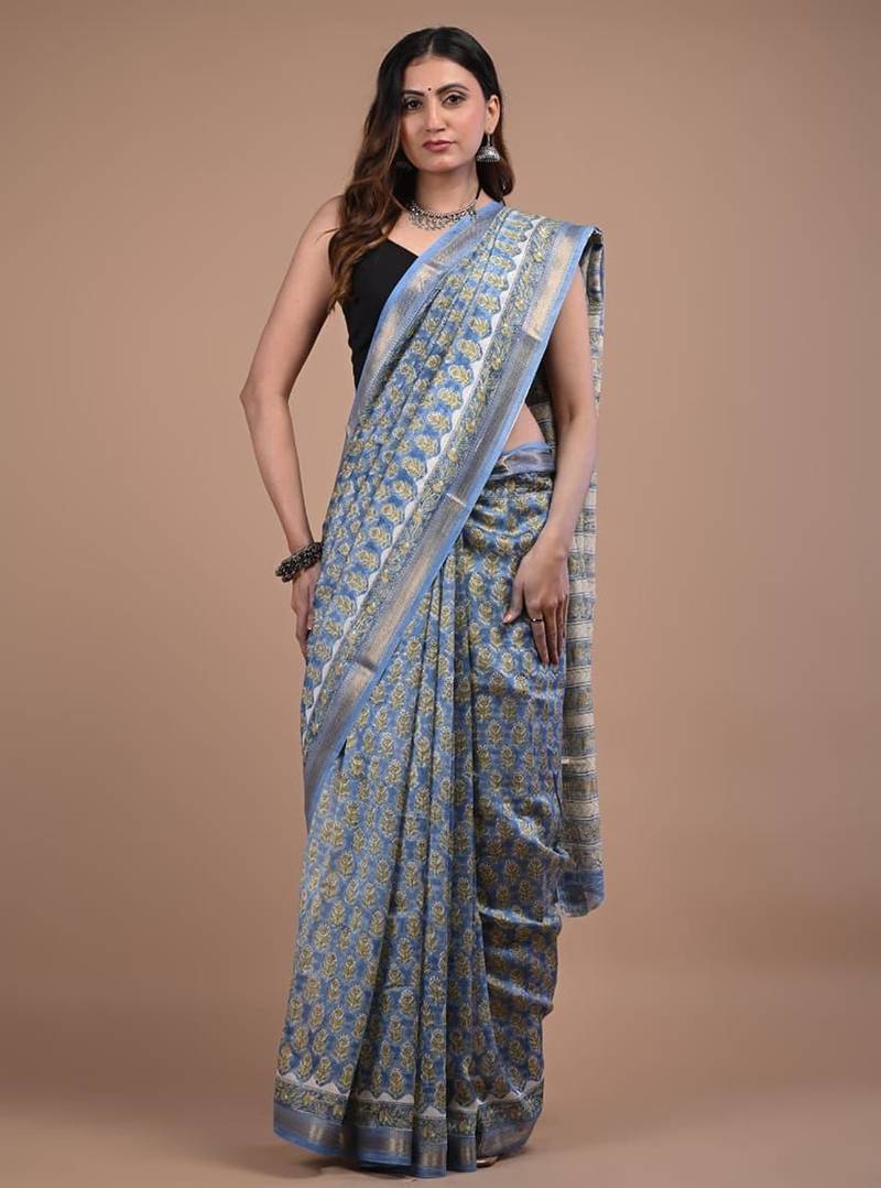 Sky blue maheshwari silk saree with woven borders and beautiful hand block print