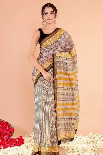 Multicolor maheshwari silk saree with woven borders and beautiful hand block print