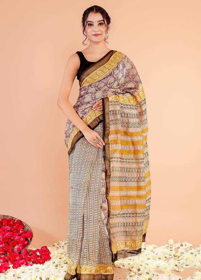 Multicolor maheshwari silk saree with woven borders and beautiful hand block print