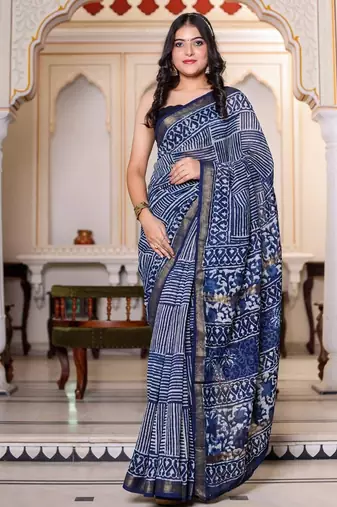 Blue maheshwari silk saree with woven borders and beautiful hand block print