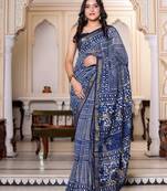 Blue maheshwari silk saree with woven borders and beautiful hand block print