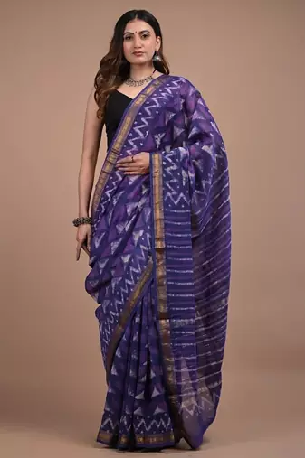 Navy blue maheshwari silk saree with woven borders and beautiful hand block print