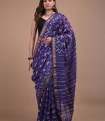 Navy blue maheshwari silk saree with woven borders and beautiful hand block print