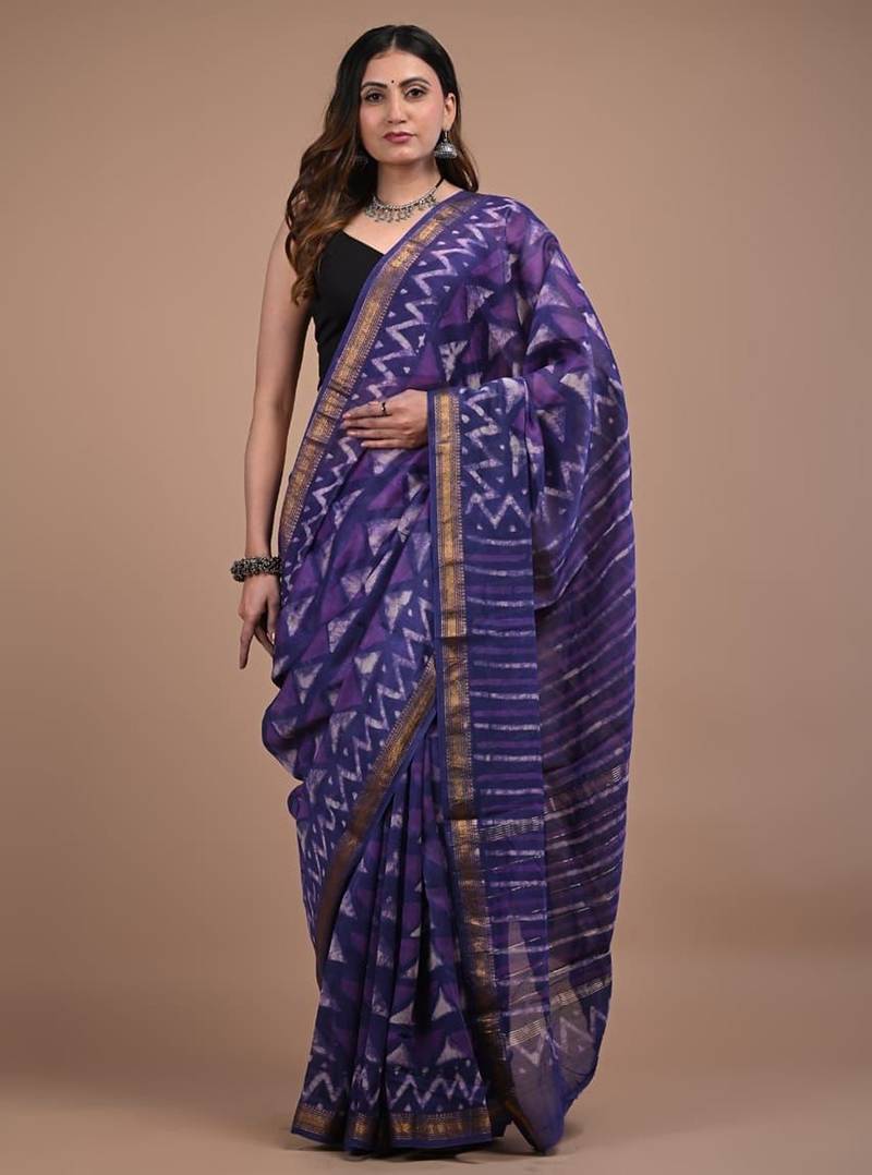 Navy blue maheshwari silk saree with woven borders and beautiful hand block print