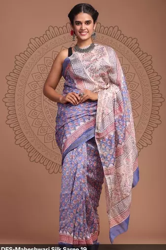 Purple maheshwari silk saree with woven borders and beautiful hand block print