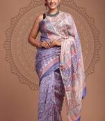 Purple maheshwari silk saree with woven borders and beautiful hand block print