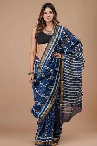 Blue maheshwari silk saree with woven borders and beautiful hand block print