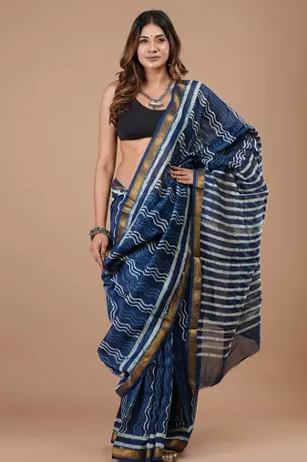 Blue maheshwari silk saree with woven borders and beautiful hand block print