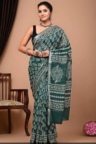 Green maheshwari silk saree with woven borders and beautiful hand block print